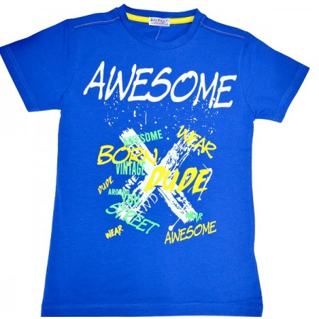 Детска блуза AWESOME 7-12 години в синьо и неон.